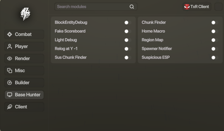 Giao diện TxR Client, danh mục Base Hunter được chọn