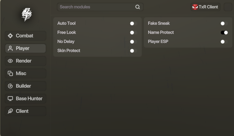 Giao diện TxR Client, danh mục Player được chọn